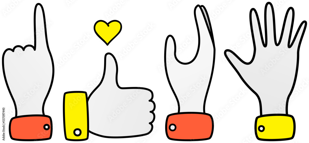 Poster gestures set symbol of direction indication, ok sign, greeting hand. hand with pointing finger. man 