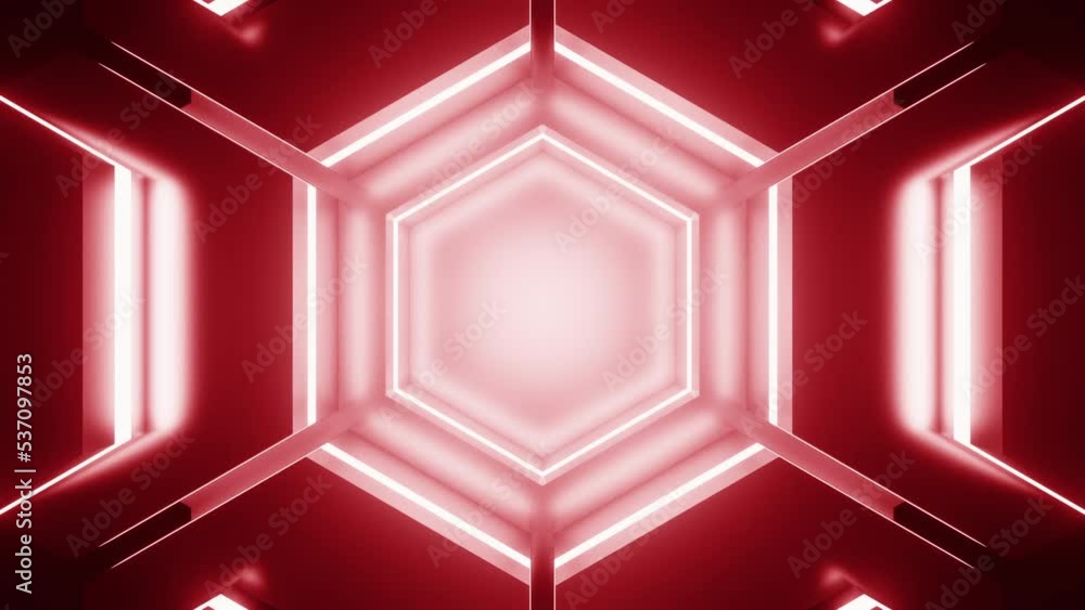 Poster kaleidoscopic neon background. design. moving inside colorful hexagonal tunnel.