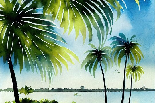 Watercolor tropical palm trees. Perfect for greeting cards, logo, wedding invite and other design.