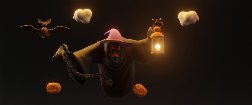 Halloween background. spooky ghost banner holding lantern lamp, and pumpkin bat decoration. 3D rendering.