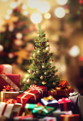 Christmas tree with a pile of presents, christmas background wallpaper