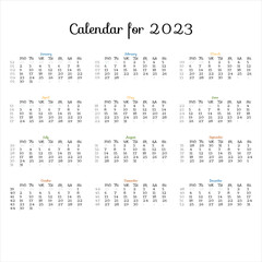 Calendar template for 2023. The week starts on Monday. It shows the day of the week. Vector. 