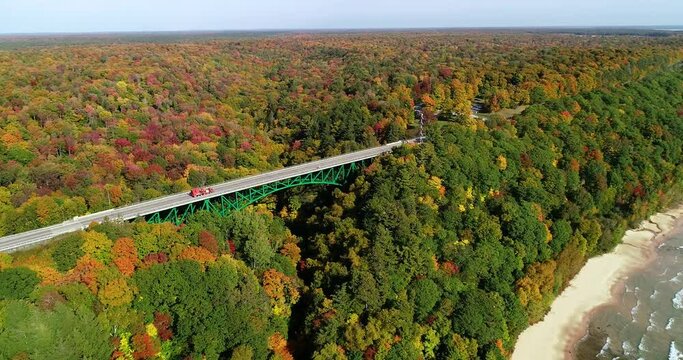 Aerial view of Cut River Bridge in Upper Peninsula Michigan in Autumn on Lake Michigan