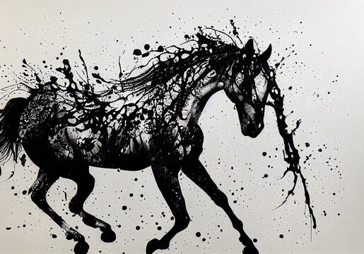 Illustration of black and white horse in paint splashes. Majestic portrait. Big head of animal, dripping oil and water painting of a wild mammal. Watercolor drawing. 3D illustration.