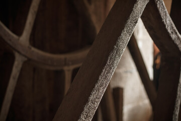 Close up on the wooden wheel in the abbey of mont saint michel used to lift heavy loads in the abbey