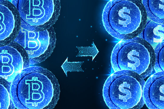 Concept of cryptocurrency exchange proccess with bitcoin and dollar coins on dark blue background
