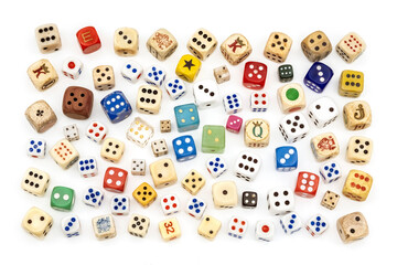 Top view of colourful dices in white background