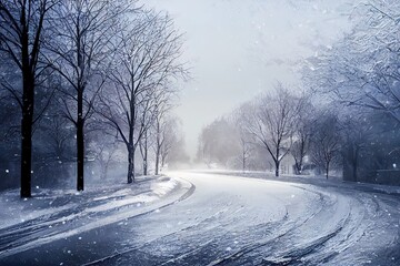 Fototapeta na wymiar Road in winter with snow and delivery van from haulage company or parcel service (3d rendering)