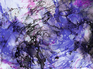 Blue pink and black watercolor or ink pattern with abstract stains.