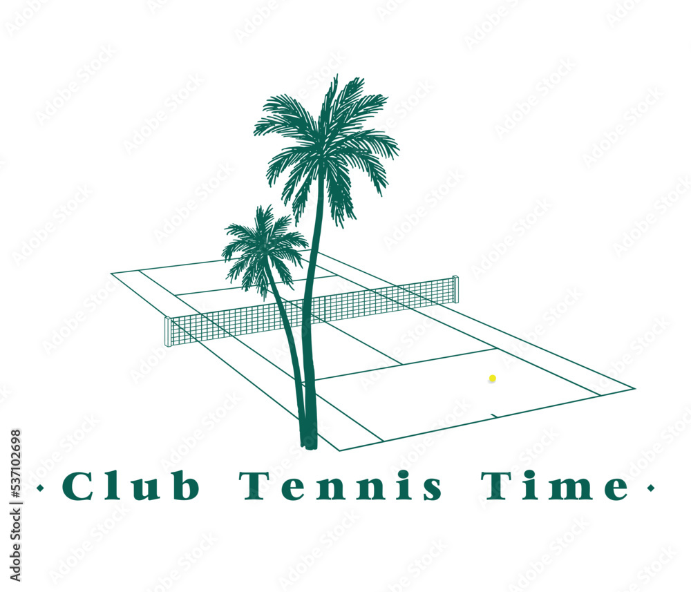 Poster 3 illustration of peaceful nostalgic seaside tennis court, pastel modern minimalist - vintage style 