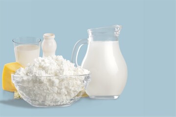 Tasty fresh dairy products and milk on the desk