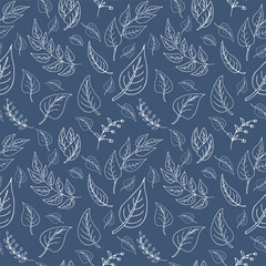  seamless linear pattern of white contour leaves on a denim background