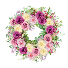 Wedding wreath with roses and spring herbs. Floral decoration in vintage style. Isolated on white background. 