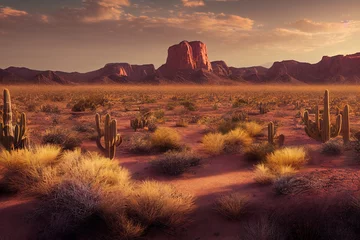 Die trockene Landschaft der heißen Sahara. Kakteen und Sand mit Dünen. Die Natur der heißen Wüste. 3D-Rendering © designprojects