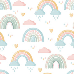 Cute seamless pattern with rainbows, clouds and hearts isolated on white background.
