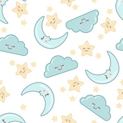 Cute seamless pattern of sky with kawaii faces isolated on white background.