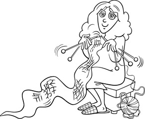 Fototapeta na wymiar cartoon woman character knitting a scarf coloring page