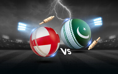 Pakistan vs England cricket balls with flag. 3D rendering illustration. - obrazy, fototapety, plakaty