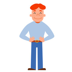 A young man in full height stands with his hands on his belt. Vector illustration in a flat style on an isolated white background.