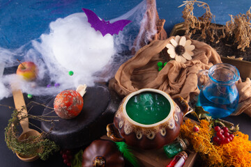 Halloween witch kitchen. Magic poison in pot stay near dry autumn leaves, moss, berries, red toadstool fly agaric, spider web, blue liquid in glass jug