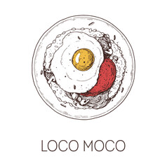 Loco Moco, Hawaiian food. Hand drawn vector illustration. Sketch style. Top view. Vintage vector illustration.