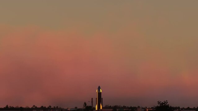 Side Aerial View Of The Space Rocket At The Boca Chica Launch Site, Texas. USA