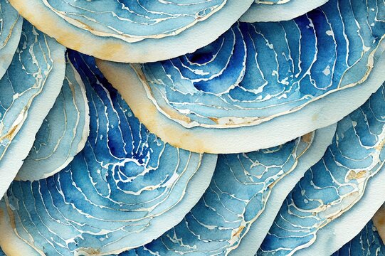 Watercolor sea shell japanese waves blue white seamless pattern. Hand drawn seashells ocean background with golden line. Watercolour marine illustration. Print for wallpaper, fabric, textile, wrapping