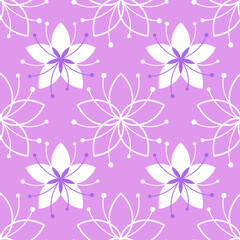 Lovely floral seamless pattern with simple flowers. Violet and white on purple background. Line illustration for wrapping paper, fabric, greeting card, fashion. Vector backdrop with nature tune