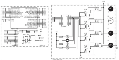 Vector diagram of an electronic device on the Arduino uno.
Connecting external device to the Arduino board.
Electronic circuit board. Electrical circuit of four-channel relay.