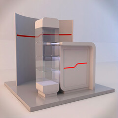 3D illustration of a shopping island in a shopping center. Display of Kiosk shopping center design ideas. Trade island render of the master of fast services. Modern workshop stand design.
