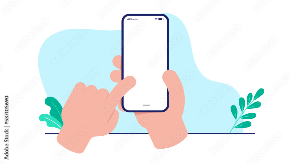 Aufkleber hand holding phone with empty screen and touching touchscreen with finger. flat design vector illust
