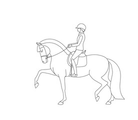 Rider and horse move forward at a beautiful trot, linear pattern for coloring