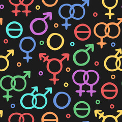 Vector seamless pattern with symbols of genders and sexual orientation. Hand drawn design for wrappings, textile, wallpaper and backgrounds.