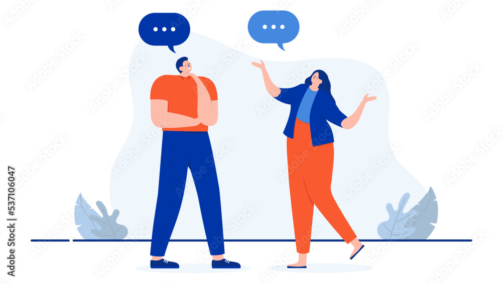 Poster dialogue man and woman - two people talking and having conversation with speech bubbles. flat design