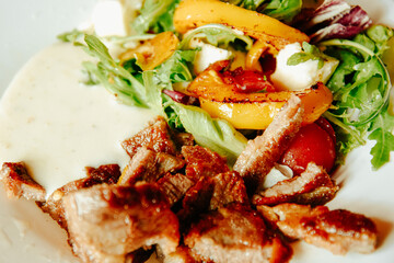 Salad with meat and sauce. Proper nutrition, balanced homemade meal.