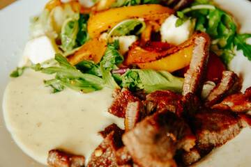 Salad with meat and sauce. Proper nutrition, balanced homemade meal.