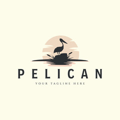 pelican with sun and cattails vector logo vintage template illustration design - obrazy, fototapety, plakaty