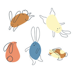 Set of funny rabbits in doodle style. The bunny is a symbol of 2023. Hare Vector graphics isolated on white background.