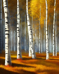 A 3d digital rendering of an autumn scene with birch trees in a forest.
