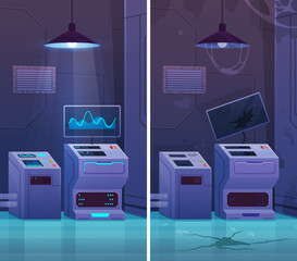 Scientific research chemical laboratory before and after destruction, scientists experimenting in science lab with explosion, fluid sample bang, failed experiment, broken destroyed equipment