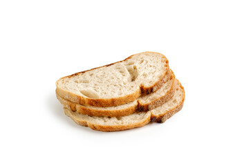 Slices of Fresh baked Bread isolated on white background. Wheat rye sourdough bread. Tartine country bread, slice..
