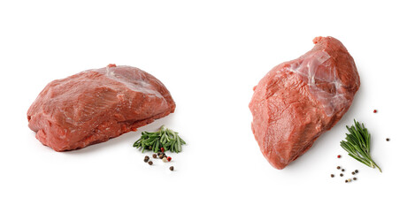 Fresh raw beef tenderloin, fillet isolated on white background. Set of assorted different Steaks, uncooked meat with pepper and rosemary. .