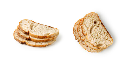Set of assorted Slices of Fresh baked Bread isolated on white background. Wheat rye sourdough bread. Tartine country bread, slice.