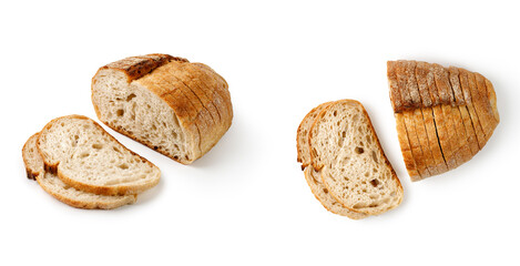 Set of assorted Fresh baked round Bread isolated on white background. Sliced, cutted wheat rye sourdough bread. Tartine country bread.