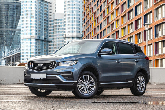 MOSCOW, RUSSIA - OCTOBER 10, 2022: Gray Geely Atlas Pro\Boyue X stands in a parking lot in the city.