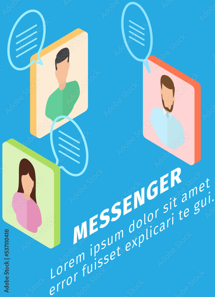 Aufkleber messenger instant messaging and video app. smartphone sms speech bubbles push alerts on screen, elec