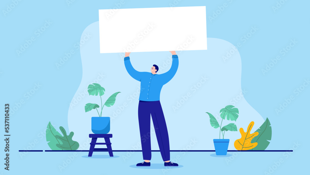 Poster Person holding empty sign - Vector character holding blank white paper to insert your own text. Flat design illustration with blue background