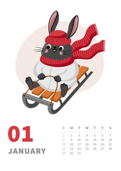 January 2023 wall calendar page with cute bunny. Chinese new year symbol. Winter season. Rabbit sledding down hill. A4 template, print, poster, vector illustration.
