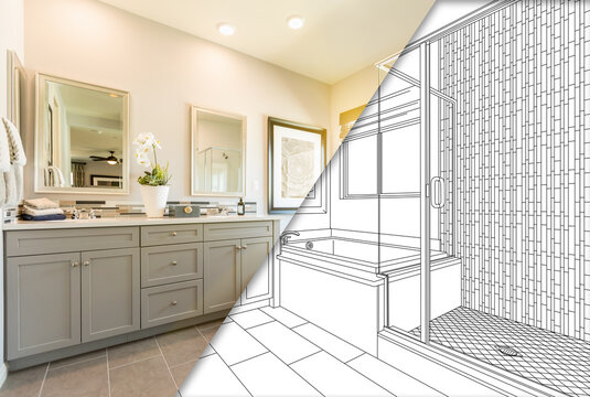 Custom Master Bahroom Design Drawing with Cross Section of Finished Photo