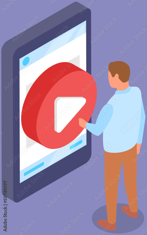 Poster man standing looks at smartphone with pause video player on display. internet program, podcast liste
